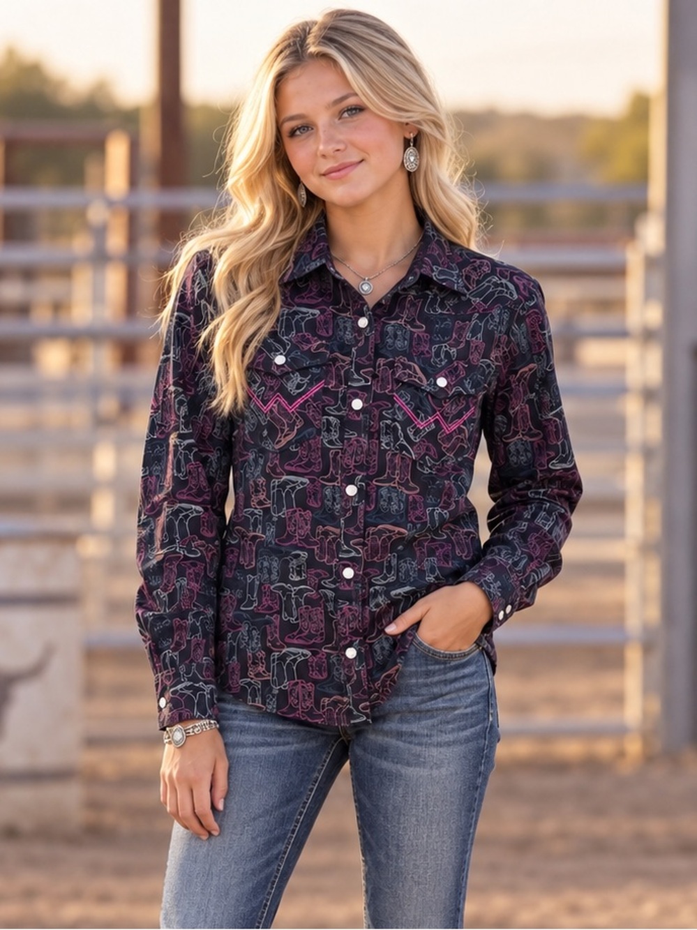 Wrangler Black and Pink Patterned Button-Down Shirt